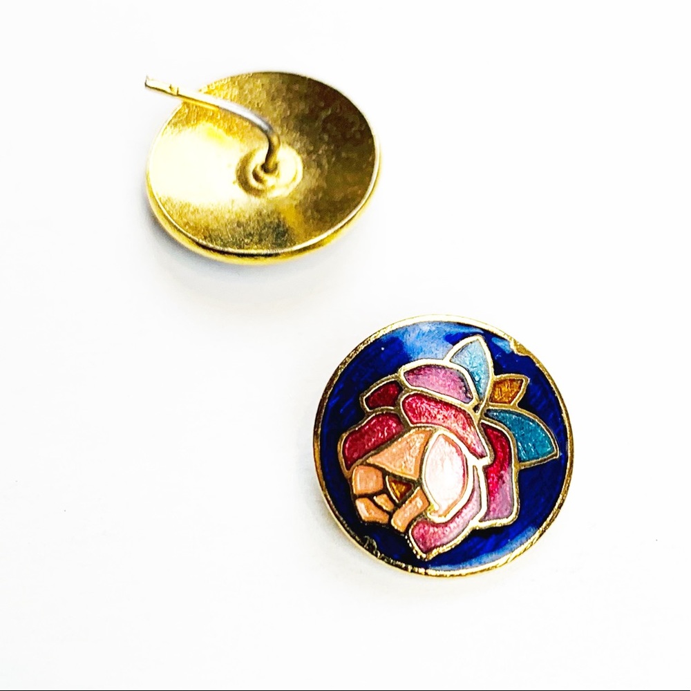 Vintage Enamel blue & pink cloisonné rose earrings - Picture 5 of 6